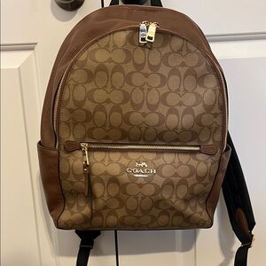 Coach Brown Signature Backpack with Leather Accents